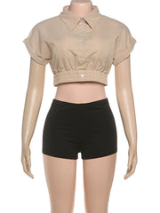 Casual Lapel Elastic Crop Shirt And Shorts Sports Set