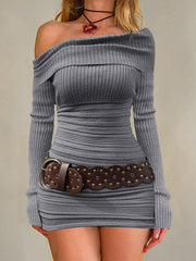 Fashion Off Shoulder Ribbed Knit Slim Mini Dress