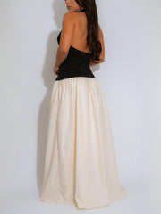 Elegant Halter Contrast Backless Maxi Dress