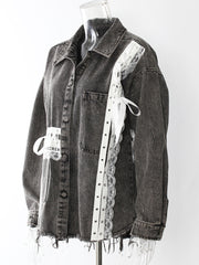 Retro Lace Splicing Washed Loose Denim Shirt Jacket
