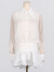 Fashion Sheer Mesh Ruffled Mini Shirt Dress