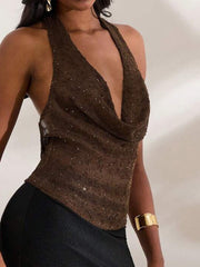 Fashion Draped Front Backless Glitter Halter Top