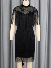 Elegant Round Neck Fringe Mesh Midi Dress