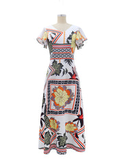 Casual V Neck Print Ruffle Sleeve High Waist Maxi Dress