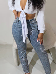 Fashion Rhinestone Slim Ripped Jeans