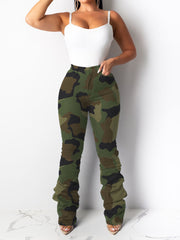 High Waist Camouflage Cut Out Ruched Layered Jeans
