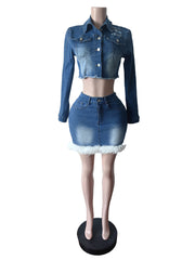 Casual Stretchy Denim Jacket and Skirt Two-Piece Set