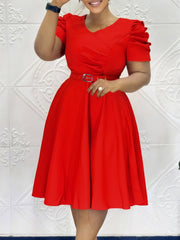 Casual V-neck High Waist Pleated Hem Midi Dress