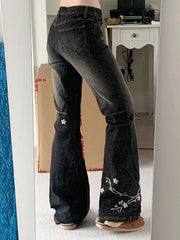 Fashion Low Rise Floral Embroidery Flared Pants Jeans
