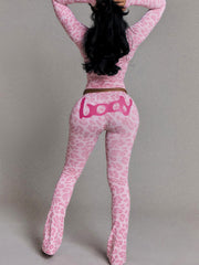 Casual Letter Leopard Print Zip Hooded Top Pants Sets