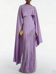 Elegant Solid Slim Tassel Maxi Dress With Cape