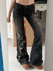 Fashion Low Rise Floral Embroidery Flared Pants Jeans