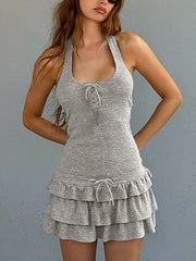 Casual Halter Backless Sleeveless Tiered Mini Dress
