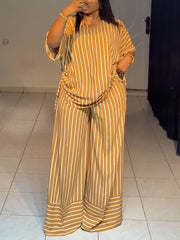 Fashion Stripe V-neck Shirt Wide Leg Pant 2 Piece Set