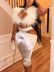 Lace-up Furry Tops High Waist Hollow Capri Pants Sets