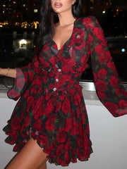 Elegant V-Neck Button High Waist Ruffles Mini Dress