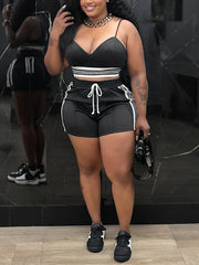 Fashion Patchwork Sling Crop Top Shorts Set