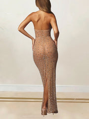 Sheer Rhinestone Halter Party Club Maxi Dress