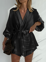 Bubble Sleeve Loose Top and High Waist Shorts Sets