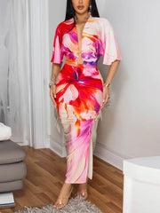 Casual V-neck Print Tied Top and Slit Skirt Sets