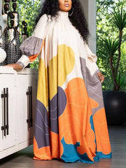 Elegant Print Puff Sleeves Casual Maxi Dress