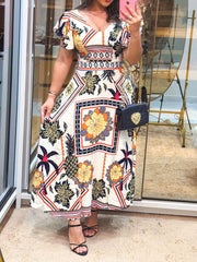 Casual V Neck Print Ruffle Sleeve High Waist Maxi Dress