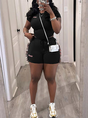 Casual Crop Top Shorts Fringe 2 Piece Set