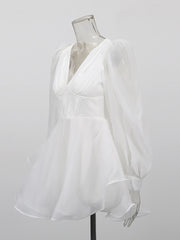 Elegant V Neck Puff Sleeve Ruffle Party Mini Dress