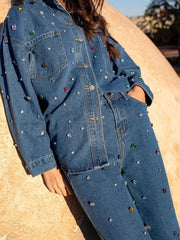 Casual Beading Embellishment Denim Jacket And Jeans Set