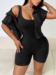 Casual Washed Cropped Jacket Ribbed Romper Set