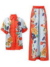 Print Short Sleeve Shirt Wide Leg Pants Casual Set