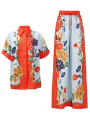 Print Short Sleeve Shirt Wide Leg Pants Casual Set