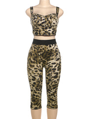 Leopard Print Bustier Capri Pants Casual Two Piece Set