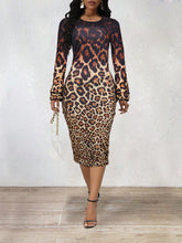 O Neck Leopard Print Long Sleeve Slim Midi Dress