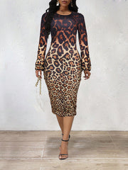 O Neck Leopard Print Long Sleeve Slim Midi Dress