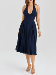 Sexy Halter Cinched Waist A-Line Midi Dress