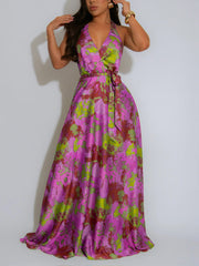 Sexy Satin Print Backless Halter Dress