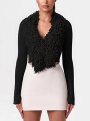 Fluff Tassel Bodycon Cropped Woolen Cardigan