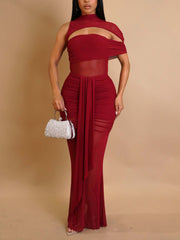 Sexy See-Through Mesh Ruched Long Dress Set