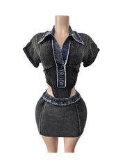 Retro Denim Lapel Bodysuit Skirt Sets