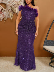 Embellished Feather Trim Sequin One Shoulder Slim Dress