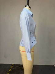 Elegant Long Sleeve Striped Belted Shirt