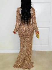 Sxey Deep V Leopard Print High Slit Maxi Dress