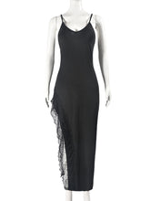 Lace Panel Split Hem Spaghetti Straps Midi Dress