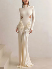Elegant High Collar Cutout Ruched Maxi Dress