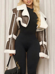 Fashion PU Leather Splicing Fur Collar Cropped Jacket