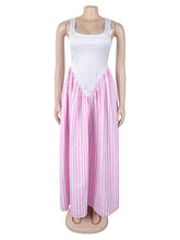 Fashion U Neck Plaid Patchwork Pleated Maxi Dress