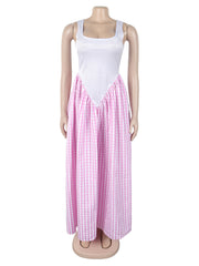 Fashion U Neck Plaid Patchwork Pleated Maxi Dress