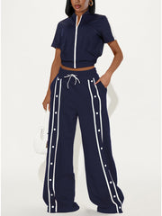 Casual Zipper Crop Top Wide Leg Pant Sportswear Set