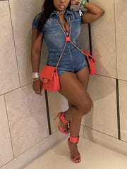 Casual Zipper Wash Denim Romper